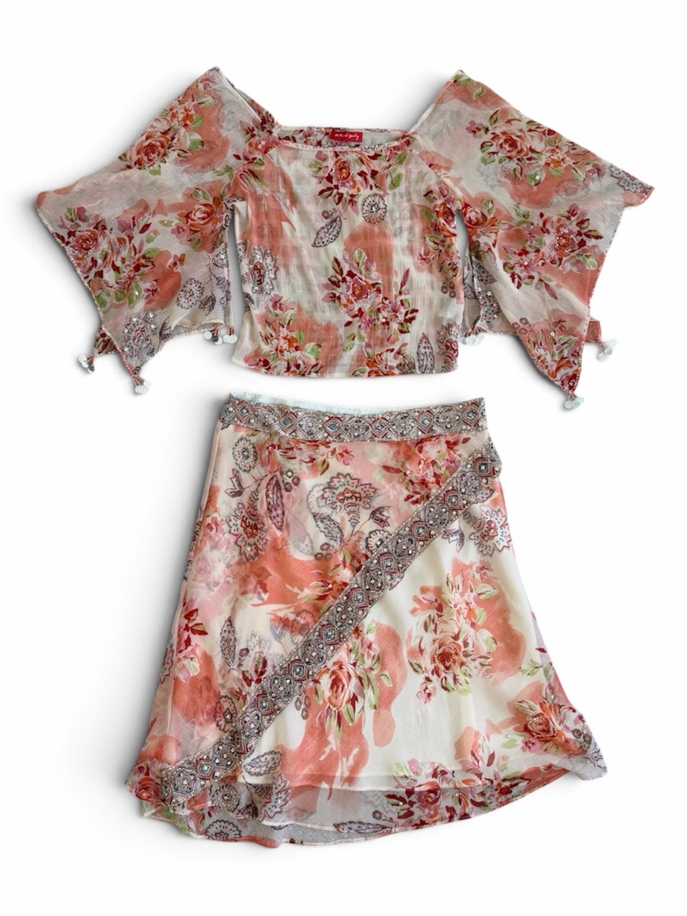 René Derhy Y2K Romantic Floral Beaded Two Piece Set Top Skirt Size XL
